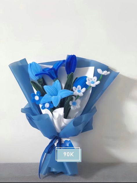 Blue Pipe Cleaner Bouquet, Blue Pipe Cleaner Flowers, Fuzzy Wire Flower Bouquet, Fuzzy Wire, Satin Flowers Diy, Single Flower Bouquet, Flower Boquet, Clean Flowers, Diy Bouquet Wrap