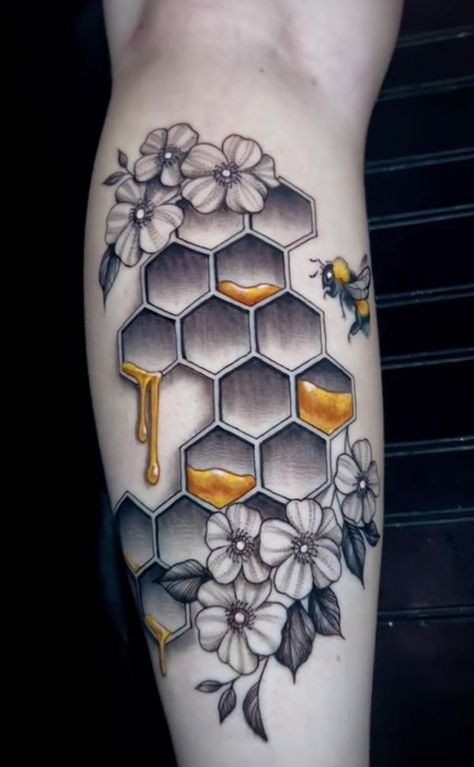 Beehive Knee Tattoo, Heart Honeycomb Tattoo, Bee Inspired Tattoo, Honeycomb Chest Tattoo Female, Honeycomb Hand Tattoo, Honey Drip Tattoo, Bee And Honeycomb Tattoo Design, Honeycomb Elbow Tattoo, Mandala Honeycomb Tattoo