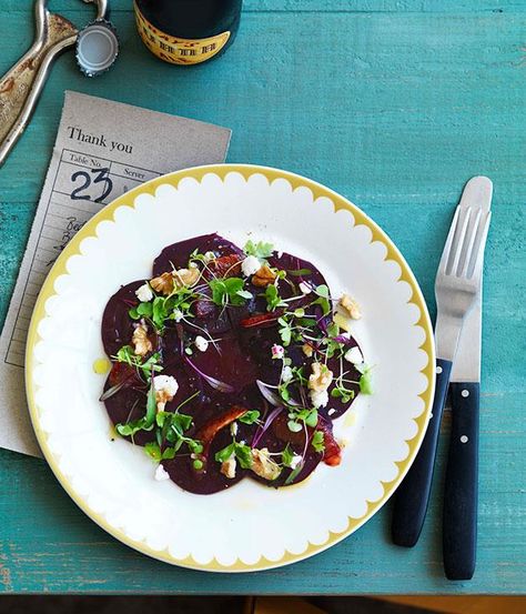 Australian Gourmet Traveller recipe for carpaccio of beetroot, blood orange, feta and baby herbs by Port Phillip Estate. Beetroot Carpaccio, Blood Orange Recipes, Carpaccio Recipe, Roasted Beetroot, Winter Lunch, Autumn Recipes Vegetarian, Barcelona Food, Beet Root, Ginger Nut