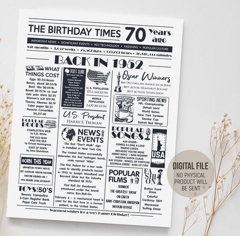 1952 70th Birthday Decorations, Back in 1952 Poster, 70th Birthday Gift, 1952 Fun Facts, Digital Printable Download Back In 1972, Birthday Newspaper, 30th Birthday Themes, 80th Birthday Decorations, 70th Birthday Decorations, 30th Birthday Decorations, 50th Birthday Decorations, 80th Birthday Gifts, 70th Birthday Gifts