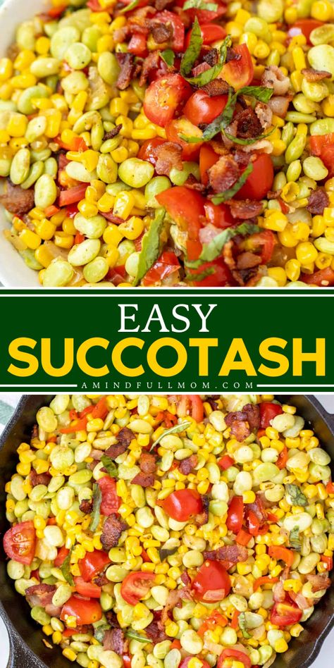 Succotash is a veggie-forward side dish that transforms lima beans, tomatoes, and corn into a memorable dish that lets these summer vegetables shine. Made with the addition of bacon and butter, this easy succotash recipe is rich and salty, yet fresh and vibrant. It is sure-fire way to make you google up your veggies. Corn And Lima Bean Succotash, Lima Beans And Corn Succotash Recipe, Succotash Recipe Easy, Fresh Lima Bean Recipes, Succotash Recipes, Lima Bean Recipes, Succotash Recipe, Corn Succotash, Fat Food