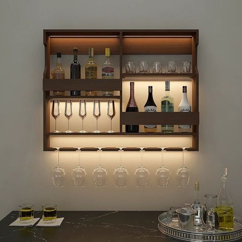 Bar Wall Shelf, Mini Bar Cabinet, Bar Wall Ideas, Floating Bar Shelves, Living Room Bar Cabinet, Bar Utensils, Wine Rack Bar, Wall Mounted Bar, Spa Interior Design