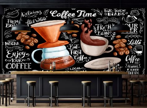 Coffee Decor Ideas, Restaurant Mural, Mural Cafe, Amazing Inventions, Coffee Puns, Tea Restaurant, Cafe Wall Art, Coffee Wallpaper, French Cafe