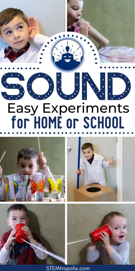 Have fun with these sound activities for kids! Learn how sound travels, visualize sound waves, make your own instruments, and learn how they work. Whether at home or in the classroom, these experiments require simple materials and offer a hands-on learning experience. Make some noise with these easy experiments and activities. Click for fun experiments, STEM challenges, and activities for kids at STEMtropolis.com Sound Art Activities For Preschool, Making Sounds Activities, Stem Fun Activities, Sound Crafts For Preschoolers, Sound Steam Activities, Eyfs Stem Activities, Sound Activities For Toddlers, Sound Sensory Activities, Sound Activities