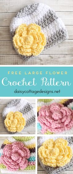 This free crochet flower pattern is the perfect embellishment for hats, bags, and so much more. Whipped up in half an hour or less, it's a great last-minute gift or accessory for that new outfit. Flower Crochet Pattern, Crochet Flower Hat, Daisy Cottage, Crochet Flower Pattern, Crochet Puff Flower, Cottage Designs, Crochet Embellishments, Crochet Flowers Easy, Crochet Flowers Free Pattern