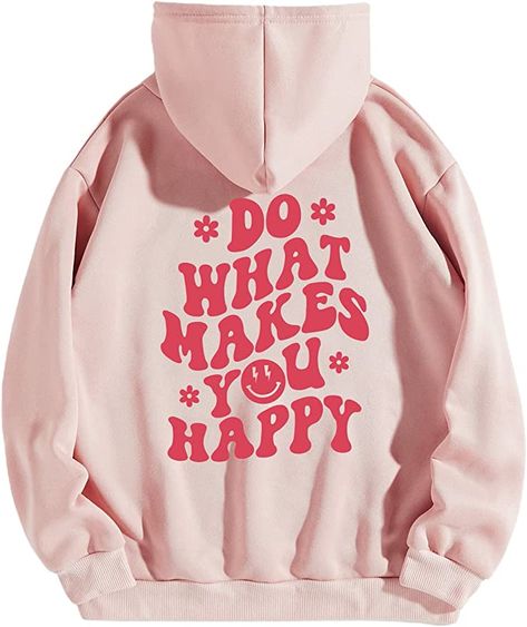 Floerns Women's Letter Graphic Print Long Sleeve Drawstring Hoodie Sweatshirt at Amazon Women’s Clothing store Happy Hoodie, Bts Hoodie, Shein Sweater, Baggy Hoodie, Lined Hoodie, Half Zip Sweaters, What Makes You Happy, Branded Sweatshirts, Printed Drawstring