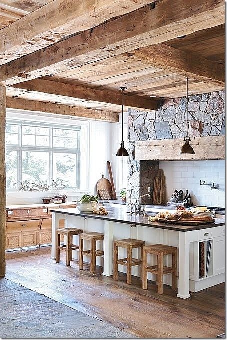 Stone Kitchen Design, Farmhouse Kitchen Cabinets, Rustic Kitchen Design, Cabin Kitchens, Farmhouse Kitchen Design, Stone Kitchen, Rustic Kitchen Decor, Trendy Kitchen, Kitchen Layout