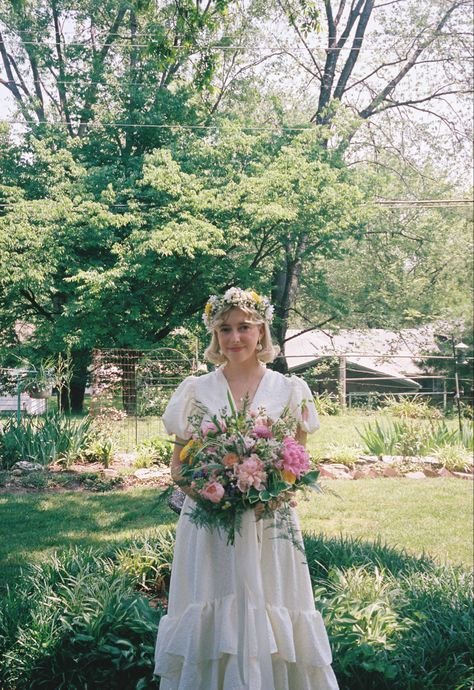 Meg March Wedding Aesthetic, Spring Aesthetic Wedding, May Day Wedding, Meadow Wedding Aesthetic, Little Women Wedding Aesthetic, 70s Bridesmaids, Meg March Wedding, Dreamy Wedding Aesthetic, Granola Wedding Dress