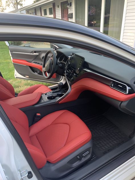 Red Car Seats Aesthetic, Black Toyota Camry Red Interior, Red Interior Car Aesthetic, 2024 Toyota Camry, Camry Red Interior, Toyota Camry Red Interior, Toyota Camry Xse Red Interior, Toyota Camry Aesthetic, Camry Interior