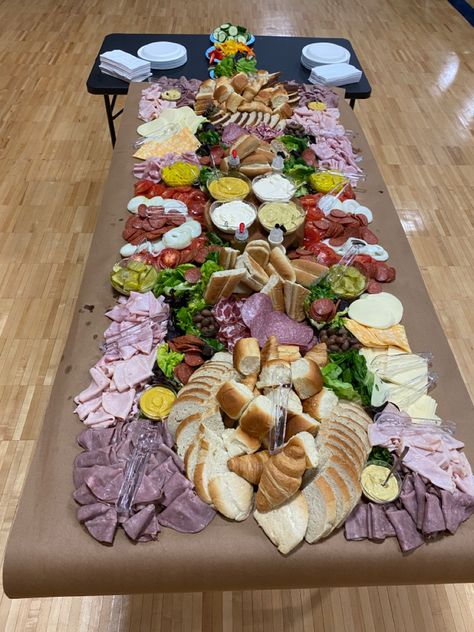 Sandwich charcuterie/board for a potluck. Almost all items brought at ALDI’s. Table servers 75-100 people. Charcuterie Board 100 People, Sandwich Charcuterie Board Ideas, Sandwich Charcuterie Board, Charcuterie Table, Charcuterie Board Ideas, S Table, Charcuterie Boards, Board Ideas, Charcuterie Board