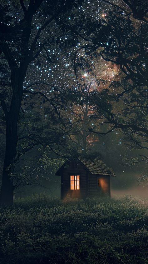 Starry Night Retreat: A cozy cabin under the stars offers a tranquil escape amidst the whispering forest trees. #stars #cabin #night #forest #mist #aiart #aiphoto #stockcake ⬇️ Download and 📝 Prompt 👉 https://ayr.app/l/MrX2 Cabin Night, Starry Forest, Gfx Resources, Forest Mist, Fantasy Cottage, Drawing Photography, Drawings Photography, Forest Night, Forest Photos