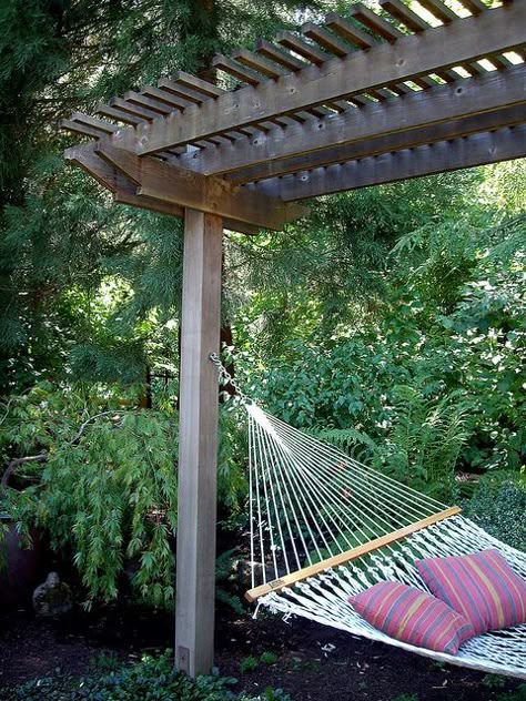 I wonder if I could grow wisteria on the arbor... If I succeeded my hammock would probably be infested with bees... Wisteria Trellis, Fire Pit Pergola, Pergola Diy, Backyard Hammock, Cheap Pergola, Patio Pergola, Backyard Garden Landscape, Backyard Gazebo, Cozy Backyard