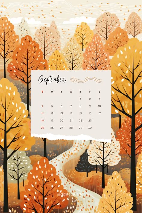 Hello September! Digital Quartet presents Autumn Phone Aesthetic Wallpapers Collection. This one is a fall landscape with a September Calendar on it. Don't forget to follow us for more, and make your phone screen fit right into the season! September Aesthetic Calendar, Phone Calendar, Fall Lockscreen, Lockscreen Background, Wallpaper Autumn, Hello September, Phone Aesthetic, Calendar Wallpaper, Phone Art