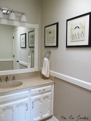 bathroom makeover after, The Pin Junkie featured on Remodelaholic.com Bathroom Art Work, Chair Rail Paint Ideas, Diy Bathroom Makeover, Chair Rail, Diy Bathroom Decor, Trendy Bathroom, Laundry Room Makeover, Bathroom Art, Shower Design