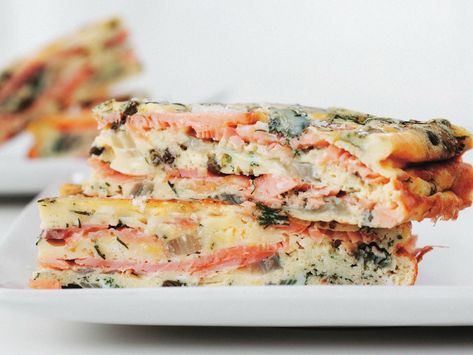 Smoked salmon, caper and dill frittata Smoked Salmon Appetizers, Salmon Frittata, Salmon Capers, Smoked Salmon Frittata, Baked Frittata, Curried Sausages, Beetroot Relish, Christmas Pudding Recipes, Mango Dessert Recipes