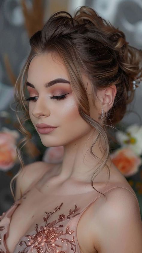 Makeup Ideas Sweet 16, Farewell Makeup Look, Party Make Up Night, Ball Makeup Looks, Classy Makeup Elegant, Formal Makeup Looks, Farewell Makeup, Subtle Lip Color, Grad Makeup