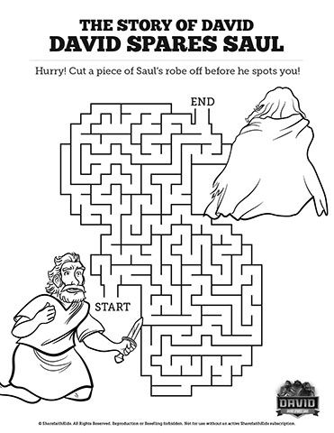 Featuring illustrations from 1 Samuel 23-24, this Kids Bible Maze is the perfect complement to your upcoming David Spares Saul lesson. Combining a little challenge with a lot of fun this Kids Bible activity will be a hit with your class! David And Goliath Craft, Bible Mazes, Printable Bible Activities, Samuel 17, Sunday School Coloring Pages, Bible Activities For Kids, Bible Story Crafts, Mazes For Kids, Bible Stories For Kids