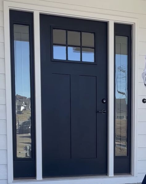 White House Black Trim Blue Door, White House Navy Door, Simple Front Door Ideas, Hamptons Front Door, Portico Ideas, Dark Blue Houses, Exterior Door Styles, Composite Front Door, Exterior Entry Doors