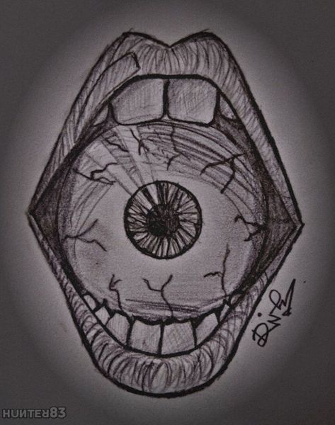 Eyeball In Mouth Drawing, Trippy Sketch Ideas Pencil, Easy Dark Art, Dark Easy Drawings, Weird Drawing Ideas Easy, Mouth With Eyeball, Creepy Mouth Drawing, Scary Mouth Drawing, Creepy Things To Draw Weird