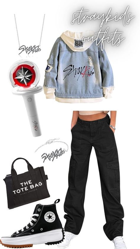 Go To Look! For Concert, Or For Any Nice Day Out! - cargo pants - starykids jacket - straykids lighstick - straykids bracelet -straykids necklace - tote bag - converse high Straykids Outfit, Converse High, Converse All Star, Nice Day, Cargo Pants, All Star, Marc Jacobs, To Look, That Look