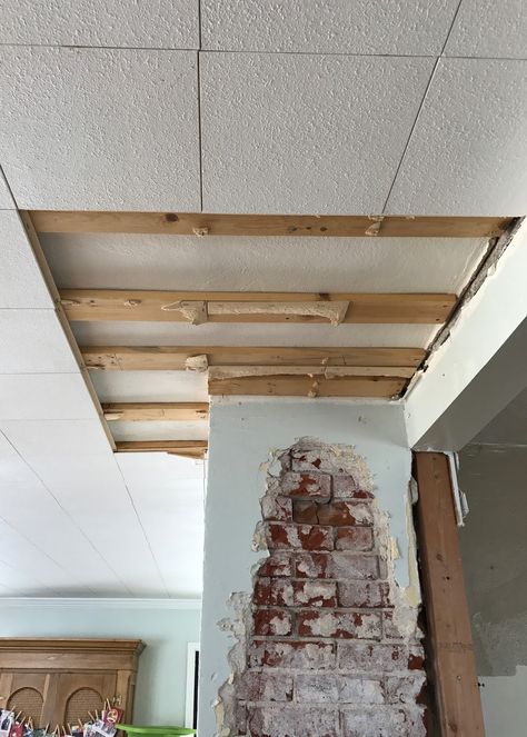 Painting Ceiling Tiles Diy, Ceiling Tiles Diy, Floating Ceiling, Ceiling Decorations, Farmhouse Ceiling, Fixer Upper House, Tile Removal, Thrifty Diy, Rustic Ceiling