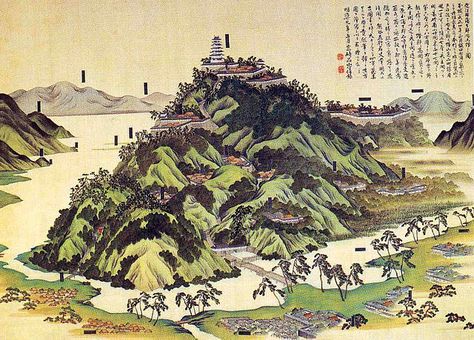 Azuchi-jō-zu, a drawing of the castle/ Azuchi Castle (安土城 Azuchi-jō) was one of the primary castles of Oda Nobunaga. It was built from 1576 to 1579, on the shores of Lake Biwa, in Ōmi Province. Nobunaga intentionally built it close enough to Kyoto that he could watch over and guard the approaches to the capital, but, being outside the city, his fortress would be immune to the fires and conflicts that occasionally consumed the capital. Fantasy Layout, Frog Samurai, Shogun Samurai, Japan Ancient, Sand City, Medieval Japanese, The Tale Of Genji, History Of Japan, Medieval Japan