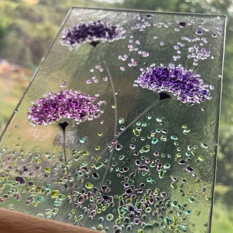 Fused glass plate - Etsy Oak Worktop, Whimsical Flower, Glass Art Pictures, Fused Glass Plates, Wooden Display Stand, Fused Glass Artwork, Wooden Display, Glass Fusion, Meme Design