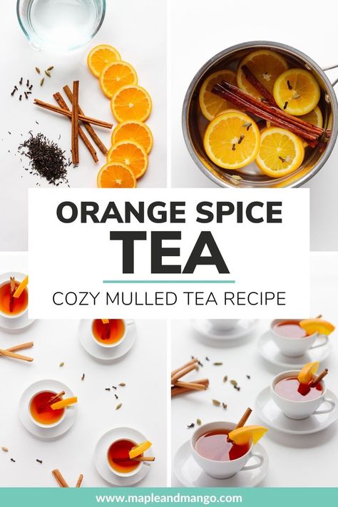 Orange Spice Mulled Tea: Stay warm and cozy with this easy to make, delicious Orange Spice Mulled Tea recipe. This recipe gives your cup of tea a holiday twist with some traditional mulling spices and orange slices. | www.mapleandmango.com Orange Spice Tea Recipe, Spiced Tea Recipe, Orange Spice Tea, Spiced Fruit, Turmeric Health, Spice Mix Recipes, Mulling Spices, Cinnamon Tea, Orange Tea