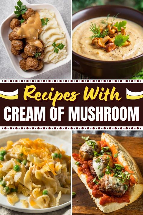 Try these recipes with cream of mushroom soup for dinner tonight! From casserole to spaghetti to sandwiches, a can of this soup makes so many great meals. Cream Of Mushroom Soup Dinner Ideas, How To Use Cream Of Mushroom Soup, Cream Of Mushroom Soup Dinner Recipes, Cream Of Mushroom Dinner Ideas, Recipes For Cream Of Mushroom Soup, Cream Of Soup Casserole Recipes, Can Of Mushroom Soup Recipes, Dinner With Cream Of Mushroom Soup, Uses For Cream Of Mushroom Soup