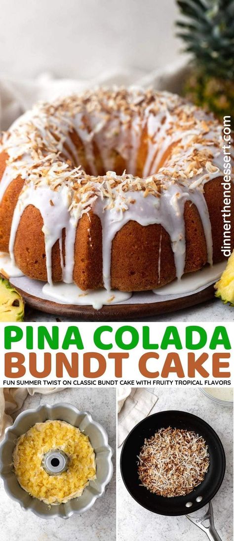 Pina Colada Bundt Cake is a fun summer dessert with tropical flavors from coconut, pineapple, lime, and rum, topped with toasted coconut. Pina Colada Cake Recipe From Scratch, Pina Colada Bundt Cake, Pineapple Bundt Cake Recipe, Pina Colada Cake Recipe, Rum Desserts, Bunt Cake Recipe, Pina Colada Cake, Coconut Pound Cakes, Pina Colada Recipe