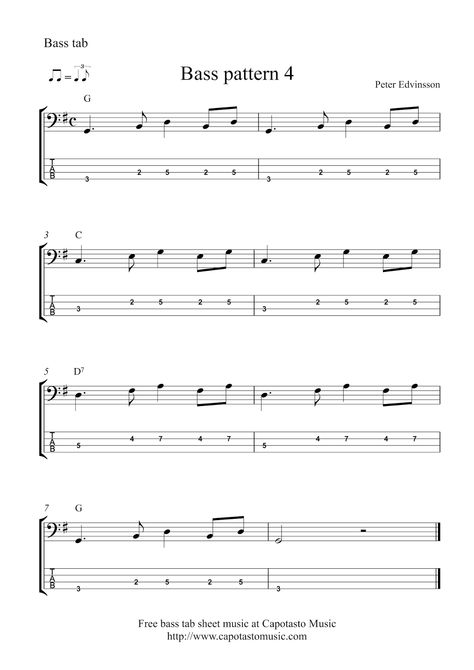 Free Sheet Music Scores: Bass guitar pattern - Free easy bass tablature sheet music Easy Bass Riffs, Bass Scales, Bass Tablature, Beginner Sheet Music, Bass Lessons, Bass Guitar Sheet Music, Bass Guitar Notes, Sheet Music For Beginners, Bass Notes