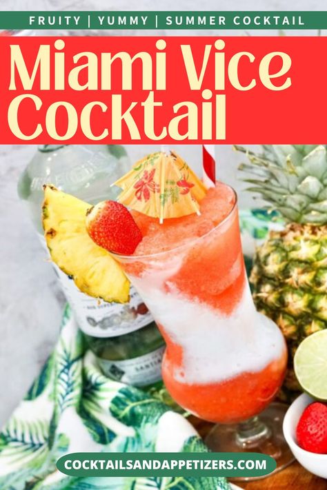 This frozen Miami Vice cocktail is delicious and easy to make. Great for summer cocktails, parties and entertaining. Tropical drink with pineapple juice, coconut milk and white rum. Perfect beach day drink or for your pool party cocktails. Easy to make cocktail , this frozen drink idea will be a hit for summer drinks for parties! St Pete Beach Vice Drink, Miami Vice Drink, Drinks For Parties, Summer Rum Drinks, Pool Party Cocktails, Drinks With Pineapple Juice, Crown Royal Drinks, Cocktails Easy, Juice Coconut