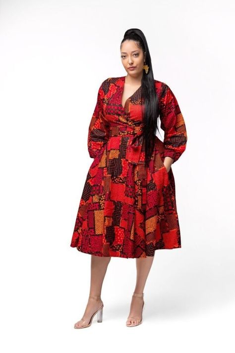 Red African Print Dress Ankara Styles, Ankara Wrap Dress Styles, Ankara Wrap Dress, Ankara Midi Dress, Ankara Maxi Dress, Ankara Styles For Women, Trendy Maxi Dresses, Dress African Print, Ankara Dress Styles