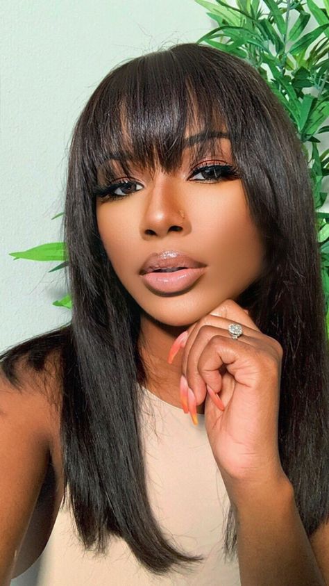 Long Straight Hair With Bangs Sew In, Bang Hairstyles Black Women Natural Hair, Black Women Bangstyle Hair Long, Chinese Bangs Black Women Natural Hair, China Bangs Hairstyles Black Women, Straight Sew In With Bangs, Swoopy Bangs Long Hair, Bangs For Round Face Black Women, Medium Length Black Hair With Bangs