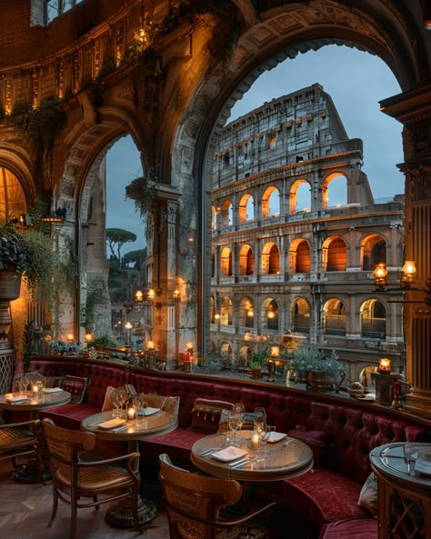 Interior View of Luxury Double Height Colosseum Arched Restaurant Michelin Restaurant Interior, Italian Windows Design, Rome Italy Restaurants, Restaurant Building Exterior, Classic Cafe Interior, Italy Restaurant Aesthetic, Vintage Italian Restaurant, 1940s Italy, Rome Cafes