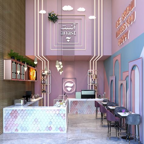 Ice Cream Shop Ideas Interiors, Heladerias Ideas Decoracion, Interior Design Cafe, Cafe Ice Cream, Ice Cream Store, Bakery Shop Design, Pink Cafe, Bakery Interior, Bakery Design Interior