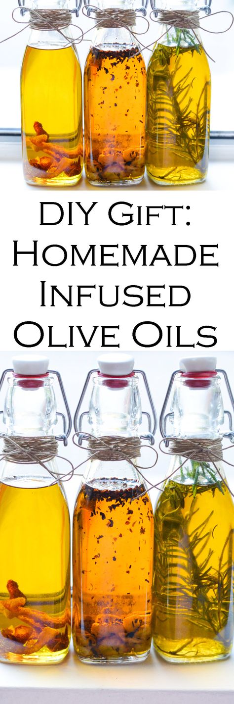 DIY Holiday Gift Infused Olive Oils Infused Oil Recipes, Diy Extracts, Infused Honey, Dipping Oil, Flavored Olive Oil, Easy Homemade Gifts, Olive Oil Recipes, Homemade Mixes, Homemade Food Gifts