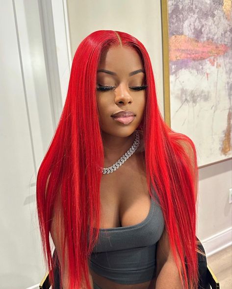 Red Hair Black Women Wig, Bright Red Wig For Black Women, Red Buss Down Middle Part, Red Leave Out, Red Lace Front Wigs Black Women, Red Side Part Wig, Red Wig Styles, Red Hair Baddie, Red And Black Wig