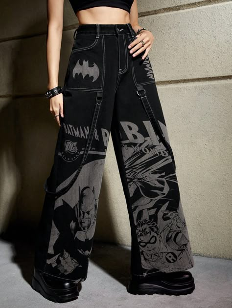 Black  Collar  Denim Letter Wide Leg Embellished Non-Stretch  Women Clothing Patchwork Black Jeans, Batman Outfits For Women, Batman Pants, Batman Clothes, Dc Outfits, Graphic Jeans, Street Style Vintage, Drop Shoulder Tee, Emo Outfits