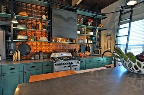 8 Shining Examples of Tin Tiles in the Kitchen — Look We Love Subtle Backsplash, Metal Wall Paneling, Teal Kitchens, Southwest Cabin, Tin Tile Backsplash, American Tin Ceiling, Spanish Casa, Tin Ceilings, Backsplash Patterns