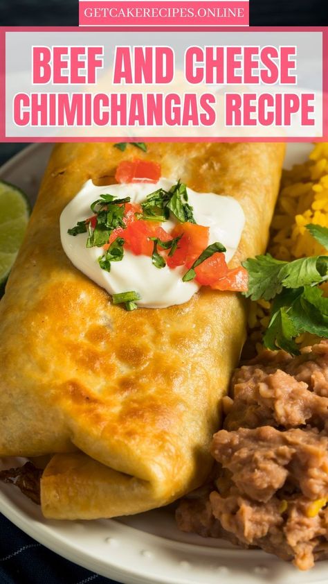 The image shows a plate with a beef and cheese chimichanga topped with sour cream, diced tomatoes, and cilantro. It is served with yellow rice, refried beans, and a lime wedge. Cheese Chimichanga Recipe, Chimichangas Recipes, Beef And Cheese Chimichangas, Chimichanga Beef, Quick Beef Recipes, Foods Dinner, Mushroom Nails, Grilled Dinner Recipes, Chimichanga Recipe