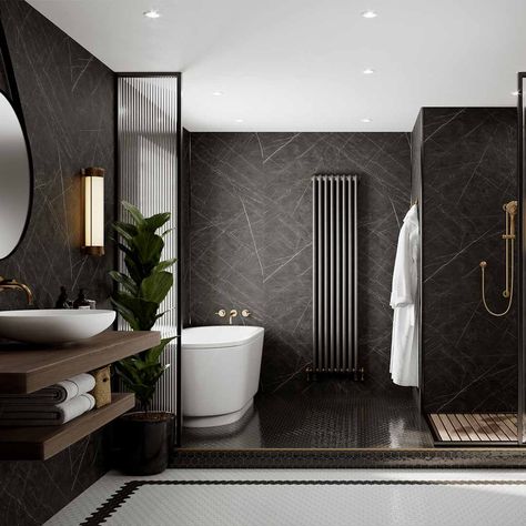 Designed by Linda | Designer Bathroom Mood boards - Multipanel Dark Bathroom Mood Board, Luxury Dark Bathroom, Dark Luxury Bathroom, Bathroom Mood Board Inspiration, Bathroom Wet Wall, Bathroom Mood Board, Black Marble Bathroom, Dark Bathrooms, Designer Bathroom