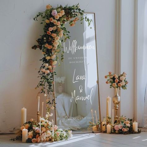 Wedding Selfie Mirror Decor, Welcome To Wedding Sign Mirror, Engagement Party Sign Mirror, Wedding Mirror Sign With Flowers, Large Mirror Wedding Decor, Mirror Board Wedding, Wedding Signage Mirror, Wedding Entrance Sign Mirror, Wedding Picture Frame Ideas