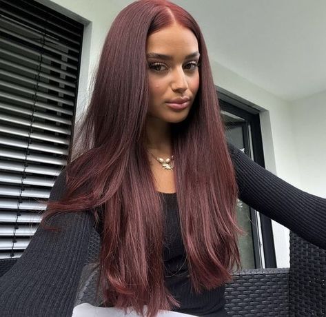 Plum Hair On Tan Skin, Burgundy Hair On Olive Skin, Black To Color Hair, Burgundy Dark Hair, Wine Hair With Highlights, Wine Red Hair Color On Black Hair, Red Hair Color Brown Skin, Baby Lites Hair Highlights, Red Hair With Pink Bangs