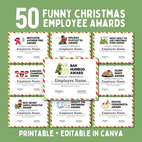 50 Funny Christmas Awards for Employees Editable in Canva, Staff Appreciation Certificates, Fun Holiday Team Recognition Ceremony Gift - Etsy Funny Christmas Party Awards, Office Awards Employee Recognition Fun, Funny Employee Awards Hilarious, Superlatives Awards For Adults, Christmas Staff Appreciation Ideas, Fun Awards For Employees, Awards For Employees, Funny Office Awards, Funny Employee Awards