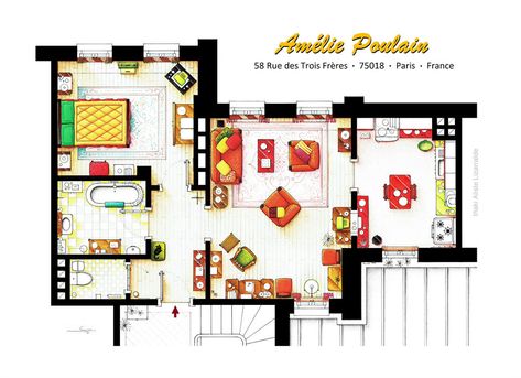 AMELIE: Amelie Poulain's Montmartre Apartment Floorplan | nikneuk Amelie Apartment, Apartment Floor Plan, Don Draper, Montmartre Paris, Tv Land, Sims Freeplay, Apartment Layout, Sims 4 Houses, Sims House