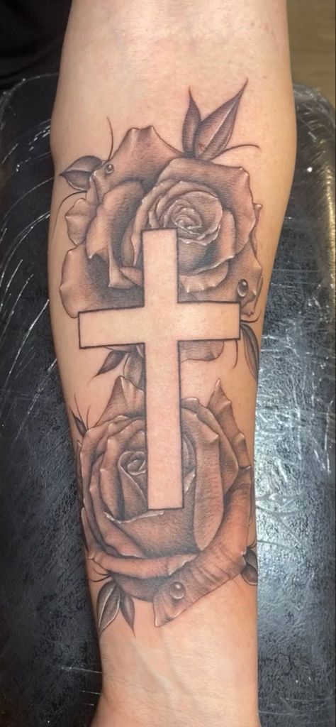 Tattoo, Roses, Cross Cross Arm Tattoo Women, Cross And Angel Tattoo, Crosses And Roses Tattoos, Cross Rose Tattoo, Cross With Roses, Cross With Rose Tattoo Design, Rose Cross Tattoo, Small Cross With Roses Tattoo, Big Cross Tattoos