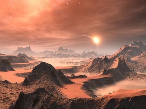 Alien Desert Sunrise. A rocky orange landscape with sunrise or sunset behind dis , #Sponsored, #rocky, #orange, #Sunrise, #Alien, #Desert #ad Desert Alien, Alien Desert, Planet Illustration, Orange Landscape, Orange Sunrise, Desert Sunrise, Planets Art, Alien Planet, Alien Worlds