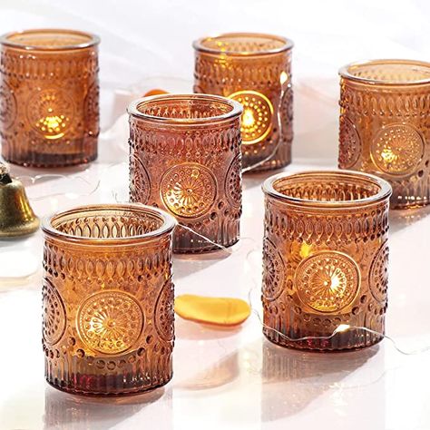 Wedding Decorations Vintage, Boho Baby Shower Decorations, Amber Glass Candle, Candles Vintage, Vintage Candle Holder, Amber Candle, Fall Centerpieces, Glass Votives, Glass Votive Candle Holders