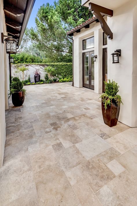 Outdoor Floor Tile Design, Outdoor Tile Patio, Mediterranean Courtyard, Exterior Flooring, Travertine Patio, Flooring Designs, Porch Tile, Exterior Tiles, Dream Patio